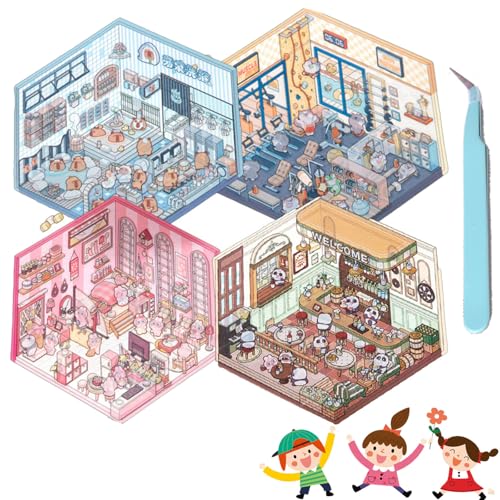 DIY 3D House Stickers, 4 Sets 3D Sticker Scene, Room Sticker Book for Kid Adults, Cartoon Miniature Cabin Scene Stickers, Make Your Own Supermarket/Coffee Shop/Restaurant/Bookstore (4 Sets-E) von Camic
