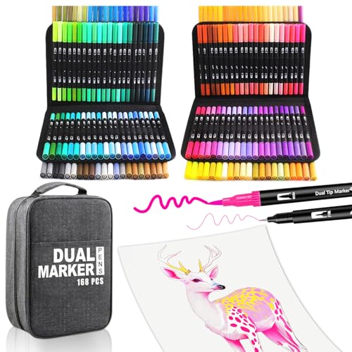 Camiki Art Filzstifte Set, 168 Farben Dual Brush Pen Set, Filzstifte Dicke und Dünne 1-5mm und 0,4 mm Pinselstifte und Fineliner Marker zum Zeichnen, Aquarellstifte für Kinder und Erwachsene von Camiki Art