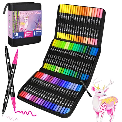 Camiki Art Filzstifte Set, 60 Farben Dual Brush Pen Set, Filzstifte Dicke und Dünne 1-5mm und 0,4 mm Pinselstifte und Fineliner Marker zum Zeichnen, Aquarellstifte für Kinder und Erwachsene von Camiki Art