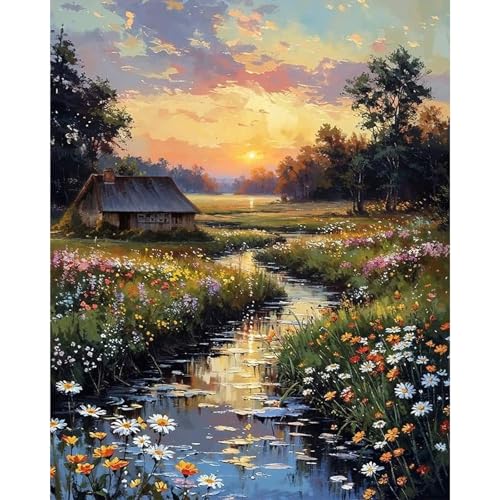 Camocin Art Malen nach Zahlen Erwachsene Landschaft, Sonnenuntergang Malen nach Zahlen Erwachsene leinwand Set, DIY Fluss Paint by Numbers für Home Decor, Ohne Rahmen 40x50cm von Camocin Art