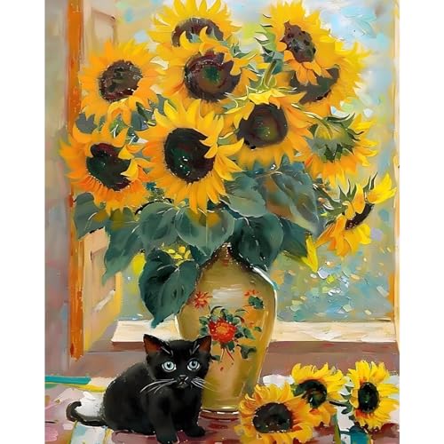 Camocin Art Malen nach Zahlen Erwachsene Sonnenblumen, Sonnenblumen Malen nach Zahlen Erwachsene leinwand Set, DIY Schwarze Katze Paint by Numbers für Home Decor, Ohne Rahmen 40x50cm von Camocin Art