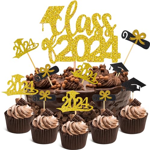 Camptrip 2024 Graduation Kuchen Toppers, 25 Stück Graduation Cake Dekoration Bachelor Hut Kuchen Deko Graduierung Cupcake Toppers für Abschlussfeiern Abschlussparty Abschlussproms von Camptrip