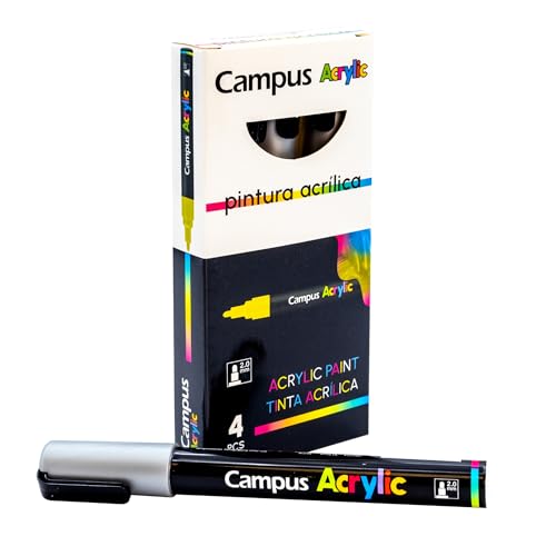 Campus Acrylstifte, Packung mit 4 Filzstiften mit runder Spitze, 2 mm, non-permanent auf Wasserbasis, blickdichte und schnell trocknende Acrylstifte (Silber) von Campus