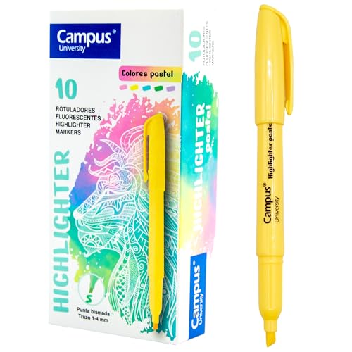 Campus Textmarker Pastell, Marker mit abgeschrägter Spitze, 10 Stück auf Wasserbasis, Textmarker in Pastellfarben (gelb) von Campus