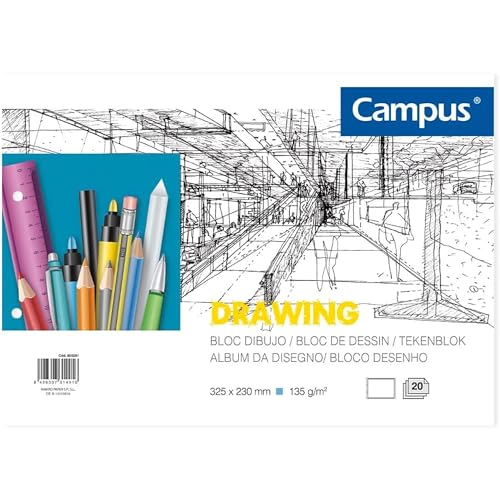 Campus - Zeichenblock A4 Skizzenbuch mit 2 Bohrern, 20 Blatt, 130 Gramm in Weiß für Kohle, Bleistift, Wachs oder Kuchen von Campus