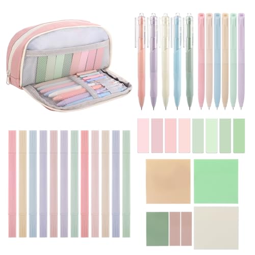 Ästhetisches Schreibwaren-Set mit pinkem Federmäppchen, 12 Pastell-Textmarkern, 6 Farbstiften, 5 schwarzen Gelstiften, 8 Magnet-Lesezeichen und 6 Haftnotizen, Schreibwaren-Set für Studenten, Schule von Candcamp