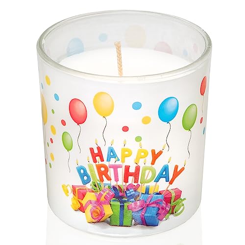Candelo Hochwertige Happy Birthday Kerze im Glas Ambiente Geburtstagskerze 7cm x 8cm - 25 Std Brenndauer Windlicht geruchlos Glaskerze von Smart-Planet