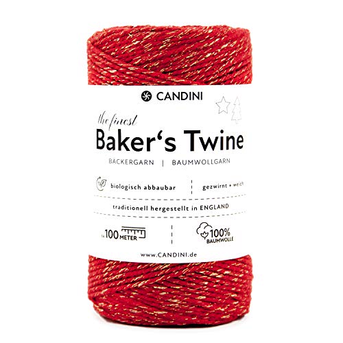 Candini Bäckergarn Gold Rot | 100m | weiches Bastelgarn aus Baumwolle - Premium Qualität aus England, zweifarbig - Bakers Twine, Bastelschnur, Baumwollschnur, Geschenkband von Candini