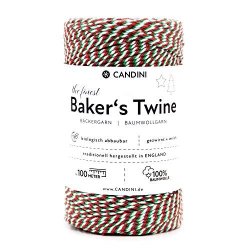 Candini Bäckergarn Rot Weiß Grün | 100m | weiches Bastelgarn aus Baumwolle - Premium Qualität aus England - Bakers Twine - Weihnachten, Bastelschnur, Baumwollschnur, Geschenkband von Candini