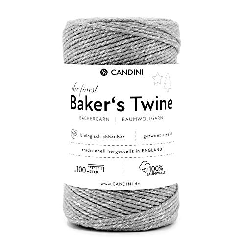 Candini Bäckergarn Silber | 100m | weiches Bastelgarn aus Baumwolle - Premium Qualität aus England, zweifarbig - Bakers Twine, Bastelschnur, Baumwollschnur, Geschenkband von Candini