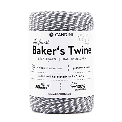 Candini Bäckergarn Silber Metallic | 50m | weiches Bastelgarn aus Baumwolle - Premium Qualität aus England, zweifarbig - Bakers Twine, Bastelschnur, Baumwollschnur, Geschenkband von Candini