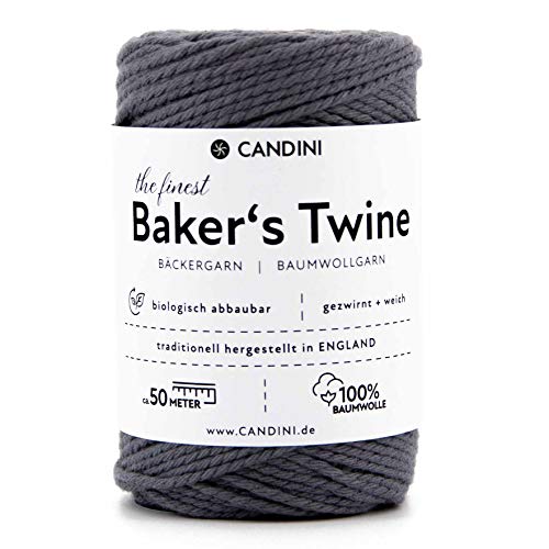 Candini Bäckergarn grau - weiches Bastelgarn aus reiner Baumwolle, 50m - Premium Qualität - Baker’s Twine Bastelschnur, Geschenkband - Made in England von Candini