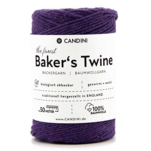 Candini Bäckergarn lila violett - weiches Bastelgarn aus reiner Baumwolle, 50m - Premium Qualität - Baker’s Twine Bastelschnur, Geschenkband - Made in England von Candini