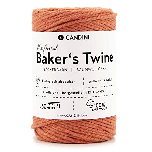 Candini Bäckergarn orange - weiches Bastelgarn aus reiner Baumwolle, 50m - Premium Qualität - Baker’s Twine Bastelschnur, Geschenkband - Made in England von Candini