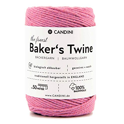 Candini Bäckergarn pink rosa - weiches Bastelgarn aus reiner Baumwolle, 50m - Premium Qualität - Baker’s Twine Bastelschnur, Geschenkband - Made in England von Candini