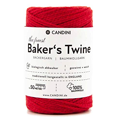 Candini Bäckergarn rot - weiches Bastelgarn aus reiner Baumwolle, 50m - Premium Qualität - Baker’s Twine Bastelschnur, Geschenkband - Made in England von Candini