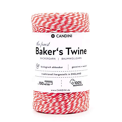 Candini Bäckergarn rot - weiß (erdbeere) - weiches Bastelgarn aus reiner Baumwolle, 100m - Premium Qualität - Baker’s Twine Bastelschnur, Geschenkband - zweifarbig - Made in England von Candini
