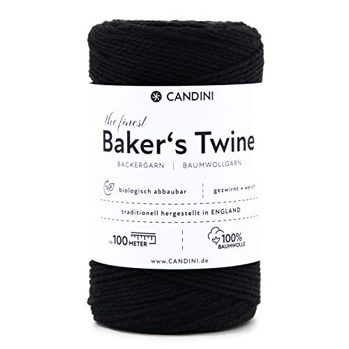 Candini Bäckergarn schwarz - weiches Bastelgarn aus reiner Baumwolle, 100m - Premium Qualität - Baker’s Twine Bastelschnur, Geschenkband - Made in England von Candini