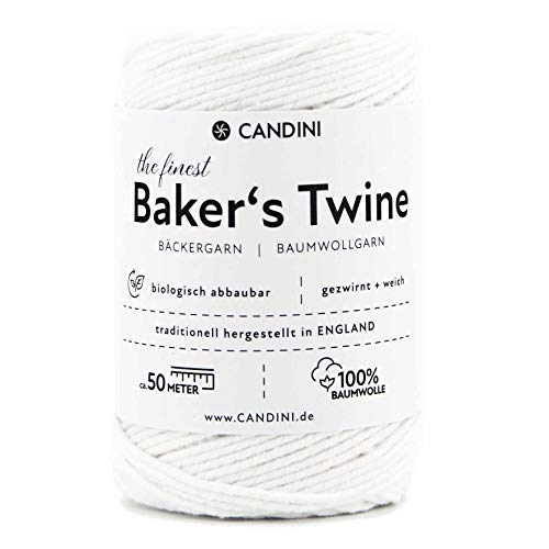 Candini Bäckergarn weiß - weiches Bastelgarn aus reiner Baumwolle, 50m - Premium Qualität - Baker’s Twine Bastelschnur, Geschenkband - Made in England von Candini