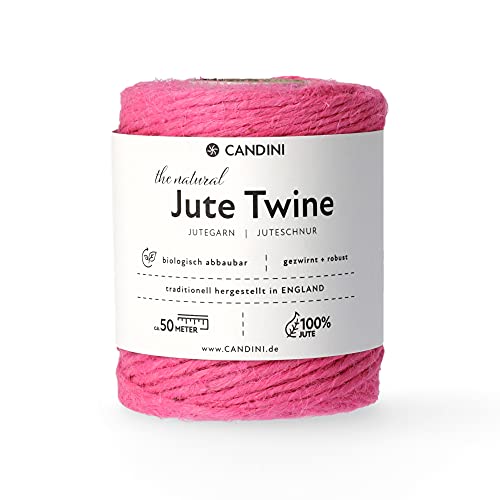 Candini Jutegarn - Pink, 50m Bastelschnur - ø 2-3mm reine Jute - Schnur Kordel | Premium Qualität - Made in England - Paketschnur, Dekoration, Garten, Verpackung von Candini