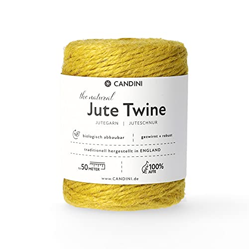 Candini Jutegarn - gelb, 50m Bastelschnur - ø 2-3mm reine Jute - Schnur Kordel | Premium Qualität - Made in England - Paketschnur, Dekoration, Garten, Verpackung von Candini