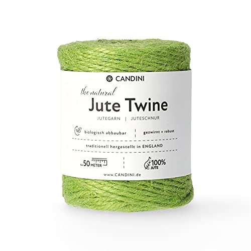 Candini Jutegarn - grün | 50m | ø 2-3mm reine Jute, Bastelschnur - Premium Qualität aus England - Jute Schnur, Paketschnur, Jutekordel, Bindfaden von Candini