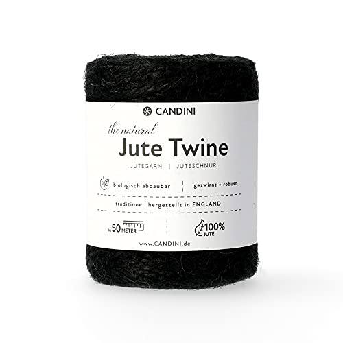 Candini Jutegarn - schwarz, 50m Bastelschnur - ø 2-3mm reine Jute - Schnur Kordel | Premium Qualität - Made in England - Paketschnur, Dekoration, Garten, Verpackung von Candini