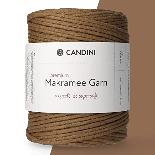 Candini Premium Makramee Garn Macchiato, 4mm x 200m, 100% recycelte Baumwolle, gezwirnt Single-Twisted, Baumwollgarn für Macrame in braun von Candini