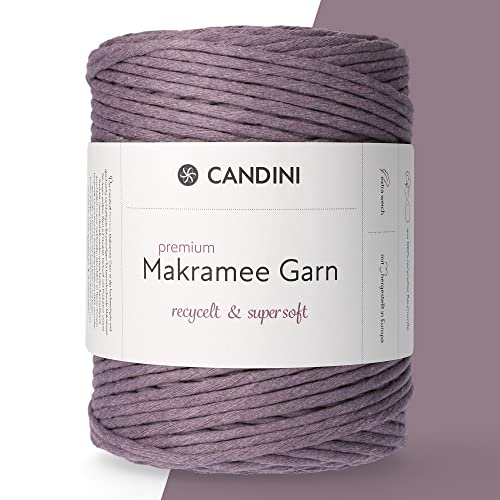 Candini Premium Makramee Garn Mauve, 4mm x 200m, 100% recycelte Baumwolle, gezwirnt Single-Twisted, Baumwollgarn für Macrame in Lavendel von Candini