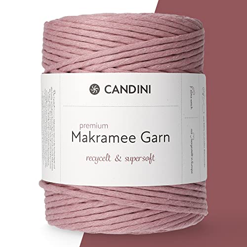 Candini Premium Makramee Garn Primrose, 4mm x 200m, 100% recycelte Baumwolle, gezwirnt Single-Twisted, Baumwollgarn für Macrame in rosa von Candini