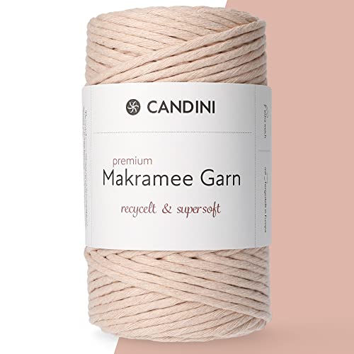Candini Premium Makramee Garn blush, 4mm x 100m, 100% recycelte Baumwolle, gezwirnt single-twisted, Baumwollgarn für Macrame in rosa, rose, puder von Candini