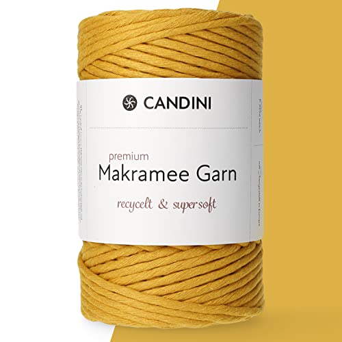 Candini Premium Makramee Garn senfgelb, 4mm x 100m, 100% recycelte Baumwolle, gezwirnt Single-Twisted, Baumwollgarn für Macrame in gelb von Candini