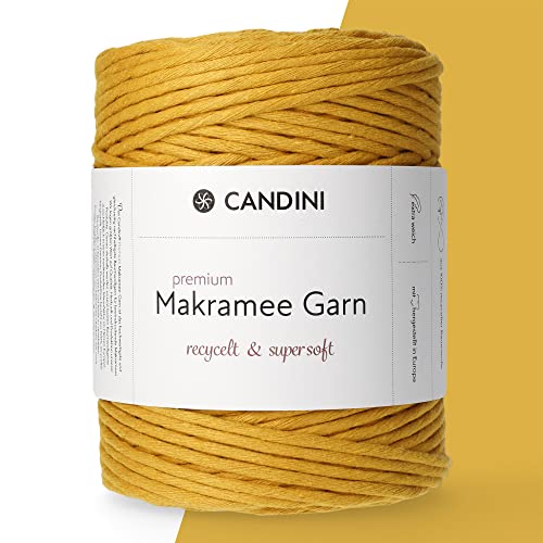Candini Premium Makramee Garn senfgelb, 4mm x 200m, 100% recycelte Baumwolle, gezwirnt Single-Twisted, Baumwollgarn für Macrame in gelb von Candini