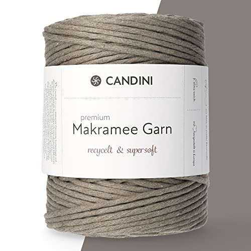 Candini Premium Makramee Garn steingrau, 4mm x 200m, 100% recycelte Baumwolle, gezwirnt Single-Twisted, Baumwollgarn für Macrame in grau von Candini