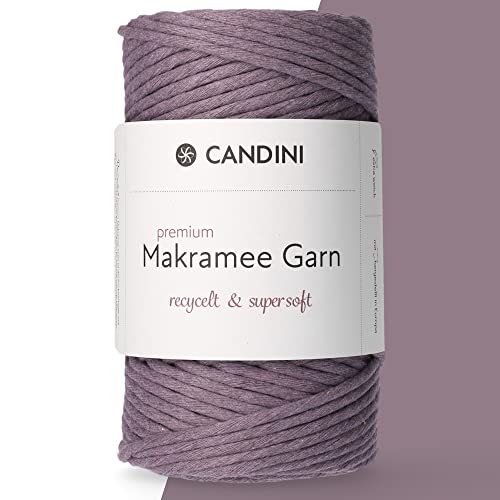 Candini Premium Makramee Garn mauve, 4mm x 100m, 100% recycelte Baumwolle, gezwirnt single-twisted, Baumwollgarn für Macrame in lavendel, lila von Candini