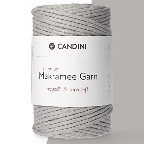 Candini Premium Makramee Garn silbergrau, 4mm x 100m, 100% recycelte Baumwolle, gezwirnt single-twisted, Baumwollgarn für Macrame in grau, silber von Candini