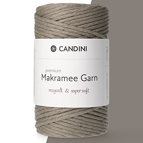 Candini Premium Makramee Garn steingrau, 4mm x 100m, 100% recycelte Baumwolle, gezwirnt single-twisted, Baumwollgarn für Macrame in grau, sand von Candini