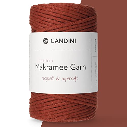 Candini Premium Makramee Garn terracotta, 4mm x 100m, 100% recycelte Baumwolle, gezwirnt single-twisted, Baumwollgarn für Macrame in rot, braun von Candini