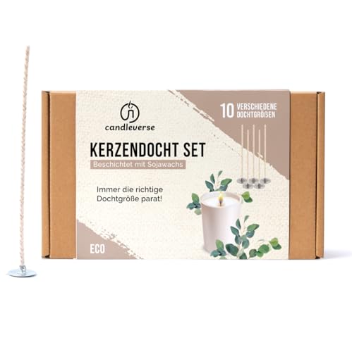 Candleverse Premium Kerzendochte ECO Set | 100 Dochte (10 pro Größe) für Verschiedene Behältergrößen | Ideal für DIY-Kerzen | Inkl. 100 Dochtaufkleber von Candleverse