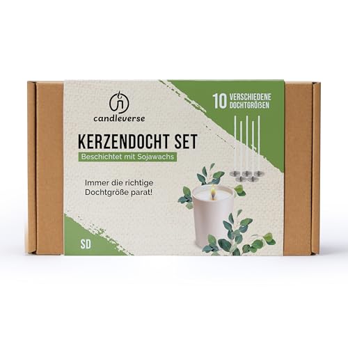 Candleverse Premium Kerzendochte SD Set | 100 Dochte (10 pro Größe) für Verschiedene Behältergrößen | Ideal für DIY-Kerzen | Inkl. 100 Dochtaufkleber von Candleverse