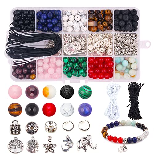 Candygirl Lavaperlen 418 Stück Bunte Chakra Perlen, 8 mm Halbedel-Chakra-Perlen, Stein Chakra perlen Kit Natürliche Kristall Chakra Perlen Edelstein Chakra Perlen für Erwachsene Schmuck Bastelset von Candygirl