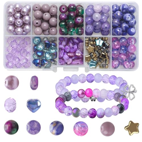 Canollo 200 Stück Perlen für Armbänder Erwachsene, Mit 10 Typen Beads, DIY Armband Perlen 8mm, Glasperlen zum Auffädeln, Armbänder Selber Machen, Ketten, Schmuck Selber Machen Set (Lila) von Canollo