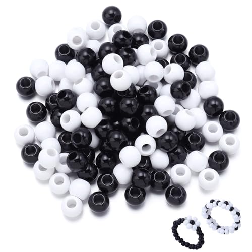 Canollo 200 Stück Schwarze und weiße Perlen zum Auffädeln, Pony Beads, Perlen für Armbänder, Bastelperlen Großes Loch, Bastelperlen zum Auffädeln, Perlenset für Schmuck, Armbänder, Ketten, Basteln von Canollo