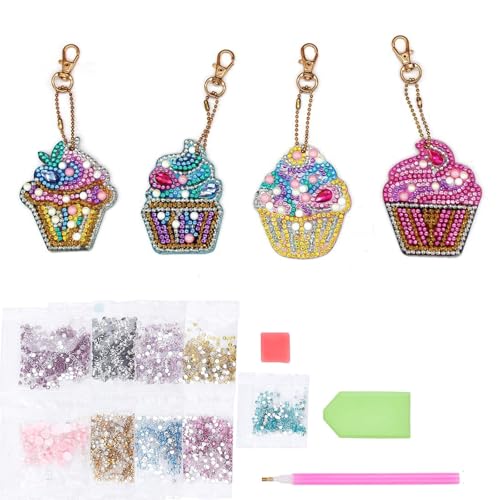 Canollo 4 Stück Kuchen Diamond Painting Schlüsselanhänge, 5D Doppelseitig Diamant Painting Bilder Anhänger, Diamant Malerei Schlüsselbund Geschenke für Weihnachten Kindergeburtstag von Canollo