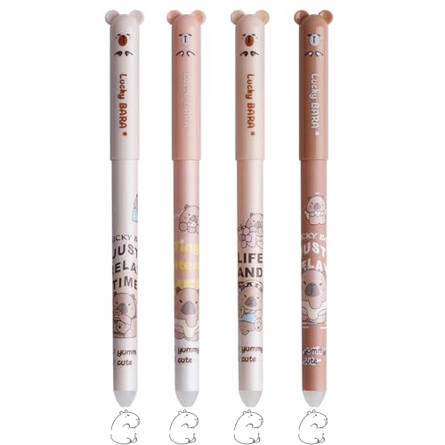 Canollo 4 Stück Radierbarer Kugelschreiber, Cartoon Capybara Muster Radierbare Stifte, Radiergummi mit löschbarer Tinte, 0,5 mm Mine, Radiergummi Stift, Aesthetic Tintenroller radierbar(Schwarz) von Canollo