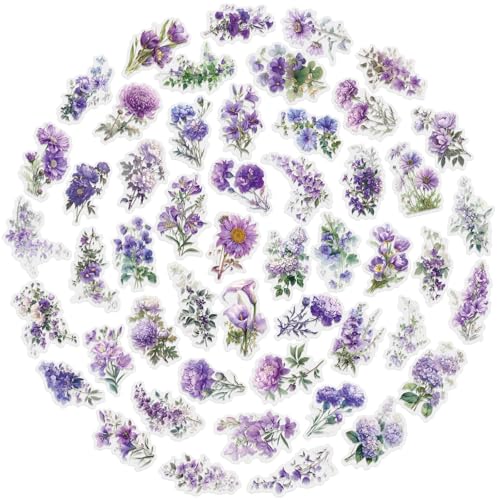 Canollo 50 Stück Violett Blumen Aufkleber, Transparente PET Aufkleber Blumen, Flower Stickers, Mini Größe Natur Blume Aufkleber für Reisekoffer, Laptop, Planer, Kalender, Notizbücher von Canollo
