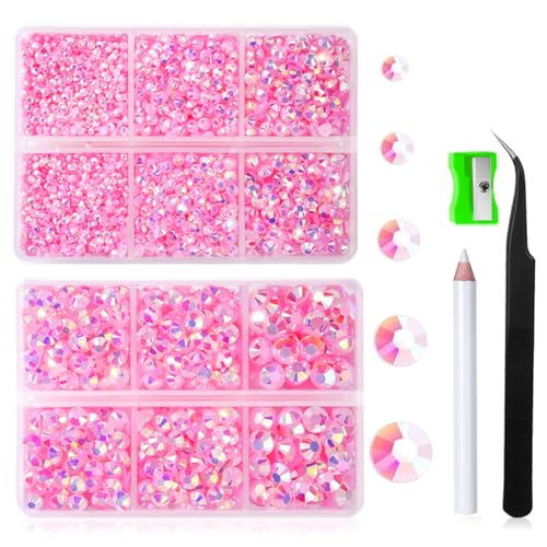 Canollo 6500 Stück Rosa Flacher Rückseite Strasssteine, Hotfix Strasssteine zum Basteln, Runde Jelly Rhinestones mit Wachsstift und Pinzette Kit, Glitzersteine für Nägel Kleidung DIY Handwerk von Canollo