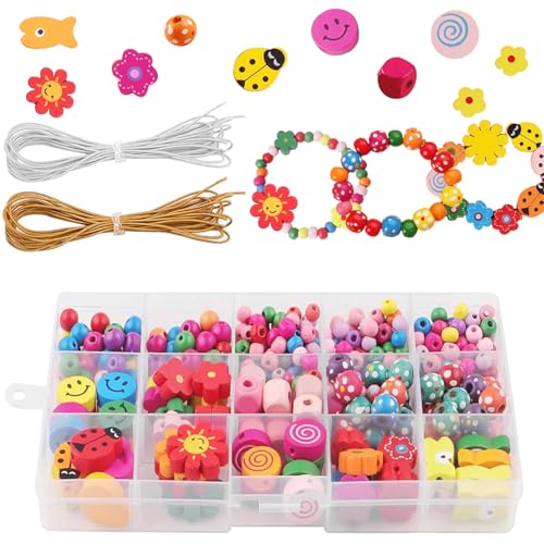 Canollo Bunte Holzperlen Zum Auffädeln, 400 Stück Perlen Zum Auffädeln, Holzperlen Bunt Bastelset Mit 1m Weißes Und Braunes Faden, Bunte Perlenset Kinder ab 4 Jahre, Perlen für Armbänder Kinder von Canollo
