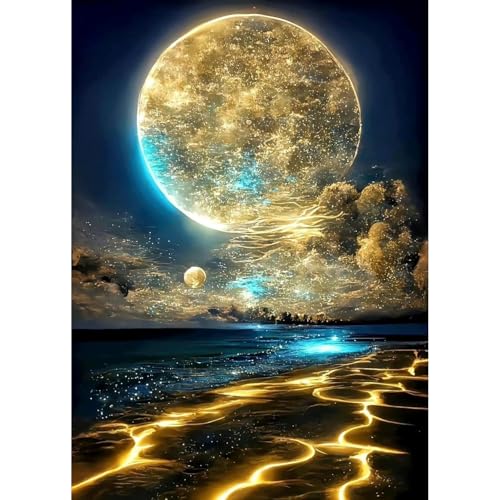 Canollo Diamond Painting Erwachsene, 5D Diamant Painting Bilder Erwachsene Landschaft, Daiments Painting Wanddekoration, DIY Diamond Painting Bilder Set, Diamant Painting Meer(Vollmond) von Canollo
