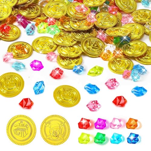 Canollo Piratenschatz Goldmünzen Set mit 50 Stück Piraten Goldmünzen und 100 Stück Edelsteine Kinder, Schatztruhe Kindergeburtstag Deko, Schatzkiste Schatzsuche Spiel-Requisiten für Kindergeburtstag von Canollo